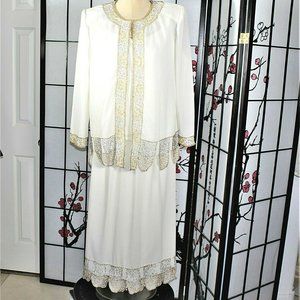 BEADED COCKTAIL CHURCH SKIRT SUIT IVORY GOLD LARGE